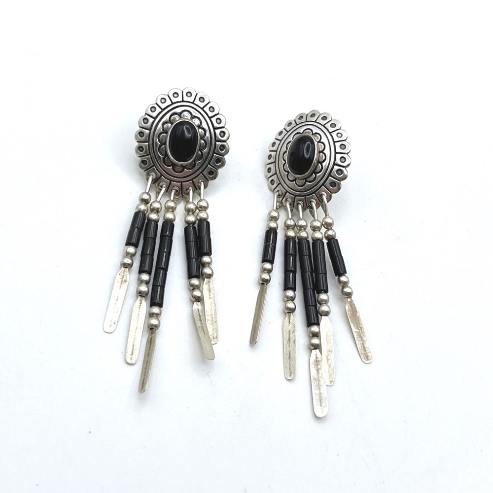 QT Sterling Silver Black Onyx Southwestern Dangle Feather Earrings 925‎ Vintage